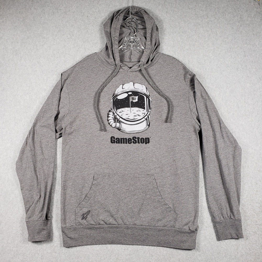 GameStop‎ Hoodie Mens XL Gray Heather Astronaut NASA Moon Rocket Graphic Gamer